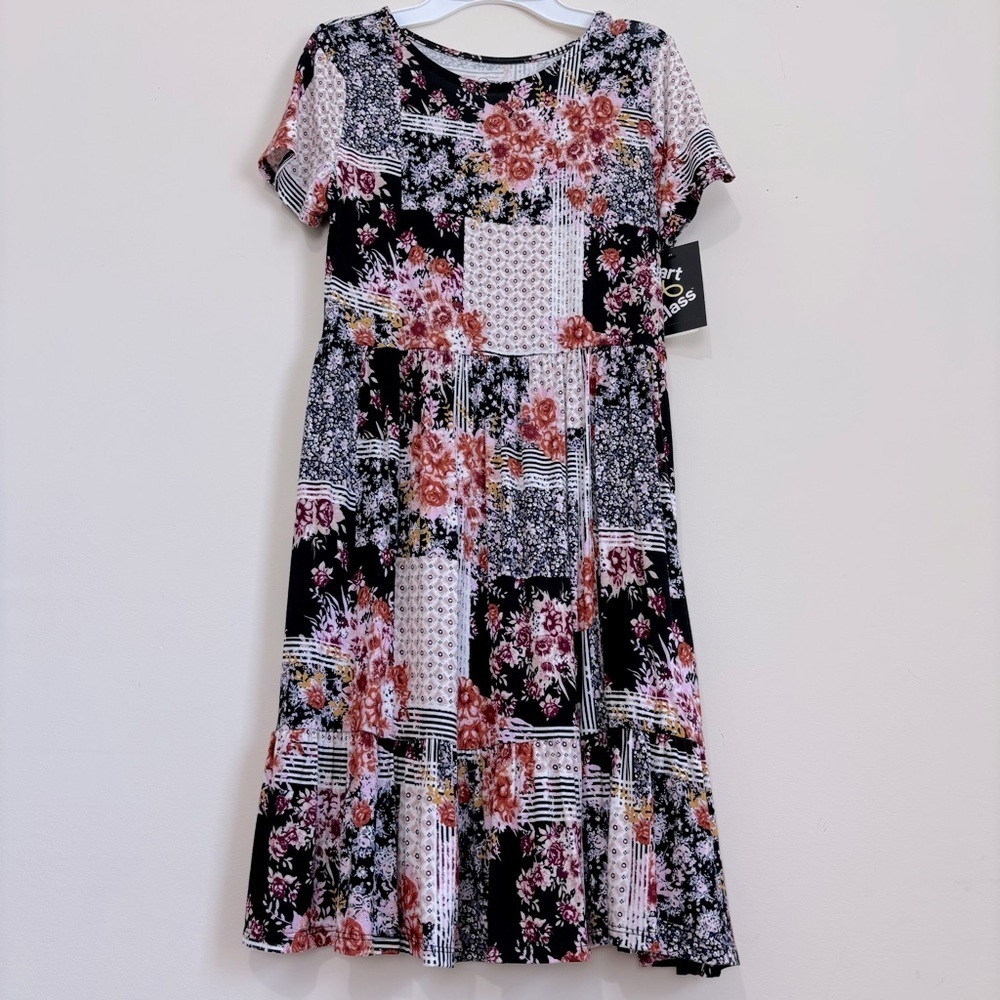 Art Class girls boho patchwork floral short sleeve pullover baby doll dress L